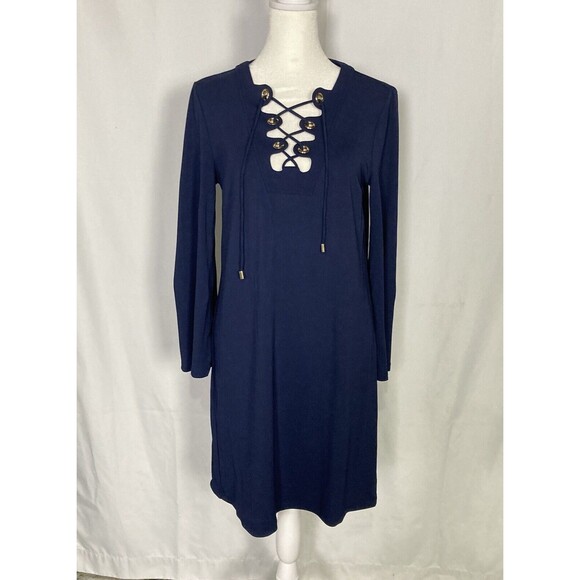 Michael Kors Dresses & Skirts - MICHAEL KORS COLLECTION Navy Lace up Chest Swing Dress Flare Sleeve Sz 6 Luxury